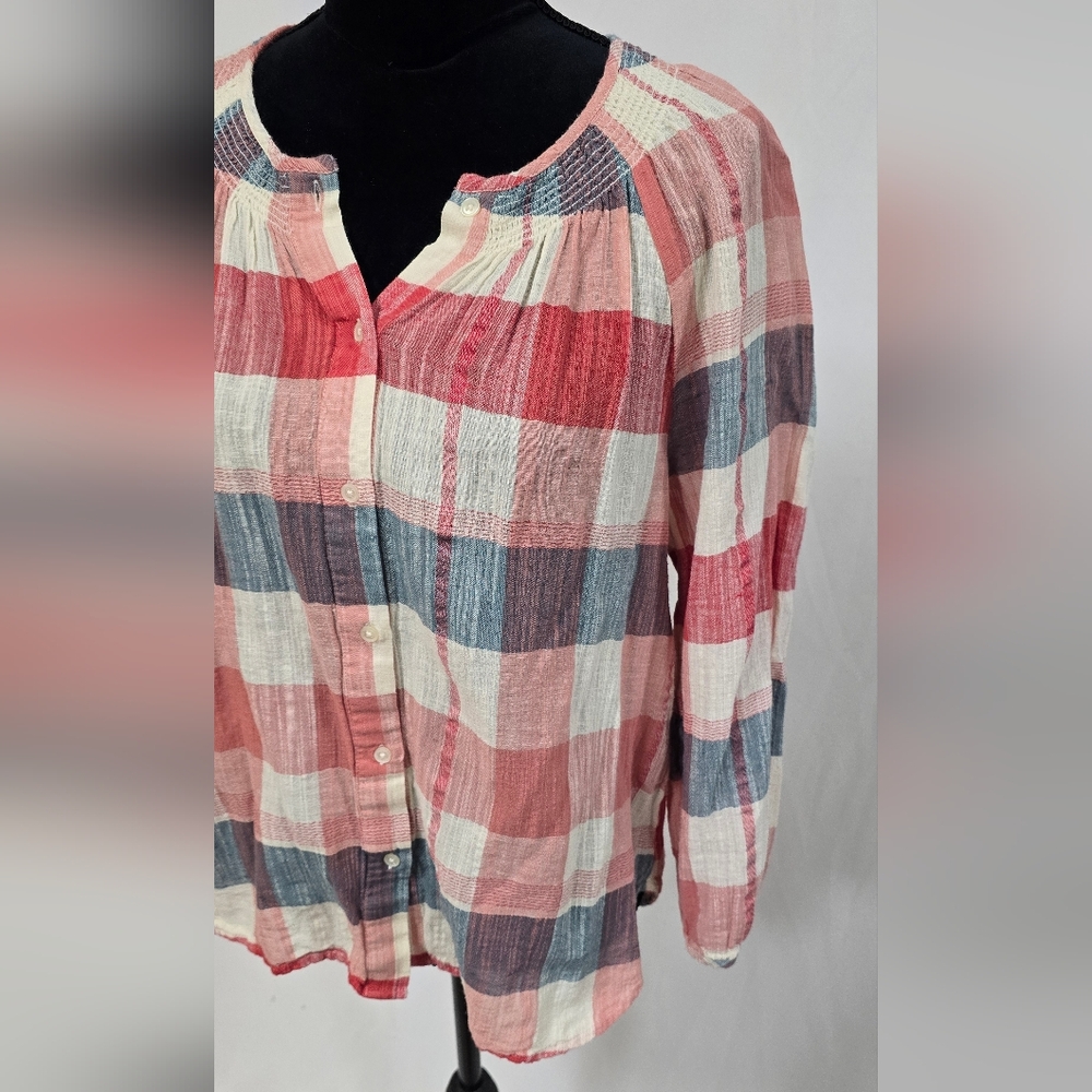 Lucky Brand women L plaid smock neck button front blouse, semi sheer, costal - Picture 3 of 8